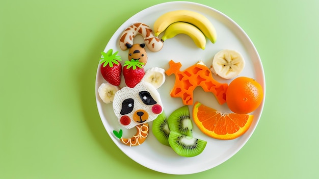 Photo a plate with children food in the shape of an animal on light green color background