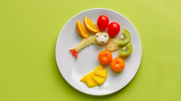 Photo a plate with children food in the shape of an animal on light green color background