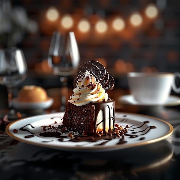 Photo a plate with chocolate cake and a cup of coffee