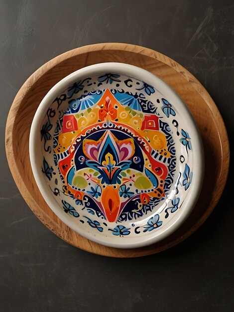 Photo a plate with a colorful design on it is on a table