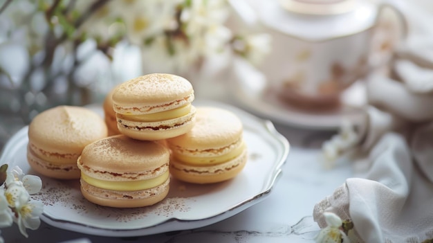 Photo a plate with cookies and a cup of tea on it