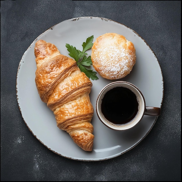 Photo a plate with a croissant and a cup of coffee