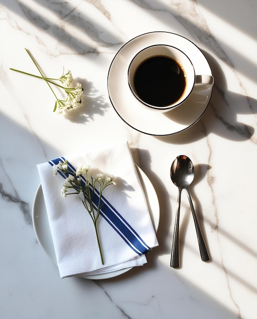 a plate with a cup of coffee and flowers on it