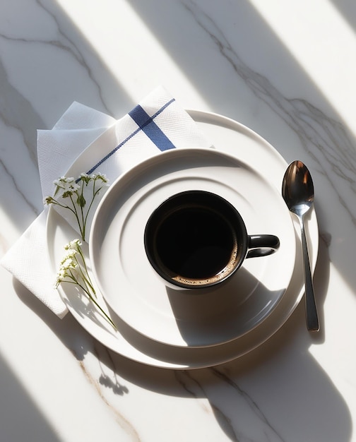 a plate with a cup of coffee and flowers on it