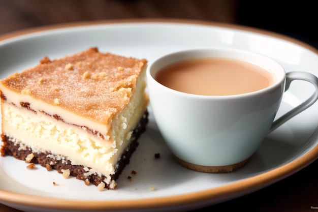 A plate with a cup of tea and a piece of cake on it