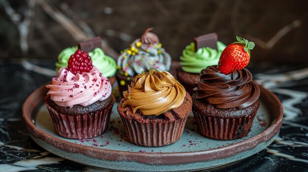 a plate with cupcakes with chocolate and raspberry on it