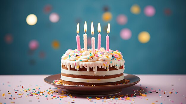 Plate with delicious birthday cake on table against