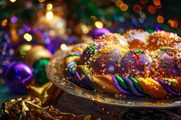 A plate with a delicious bundt cake topped with colorful sprinkles Traditional Cajun cuisine and delicious King Cake