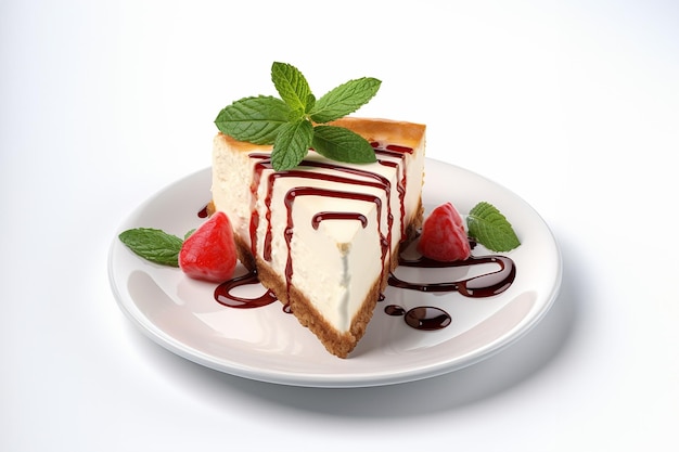 Plate with delicious cheesecake slice on white background