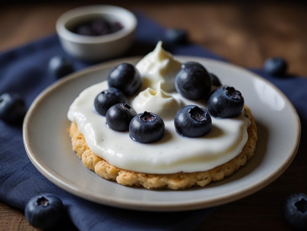 a plate with a dessert with blueberries and cream on it