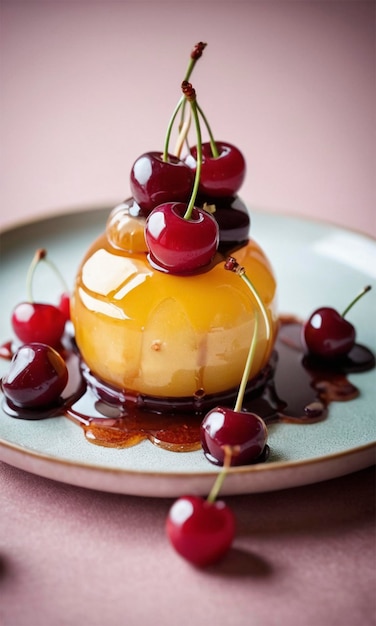 a plate with a dessert with cherries on it