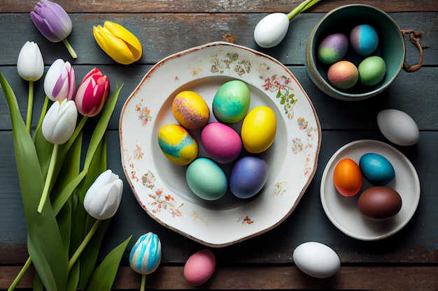 Plate with Easter eggs and tulip flowers on light wooden background AI Generated