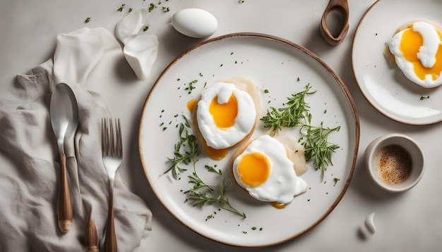 a plate with eggs and greens on it