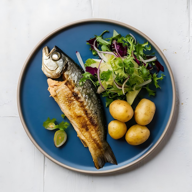 a plate with fish and vegetables on it with a fish on the plate