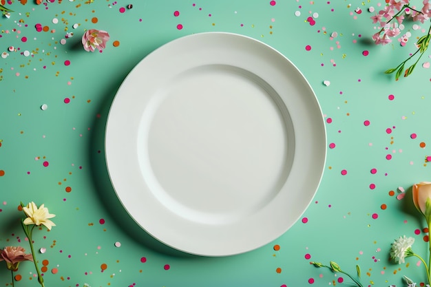 a plate with a flower on it sits on a table