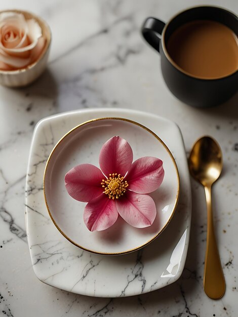 a plate with a flower on it and a spoon on it