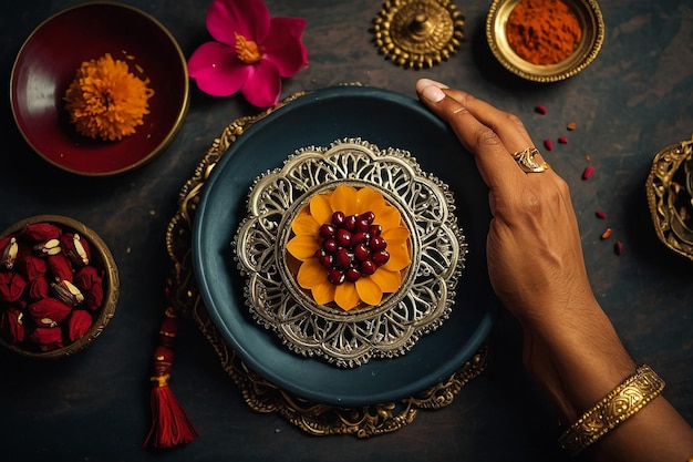 Photo a plate with flowers and a hand holding a flower