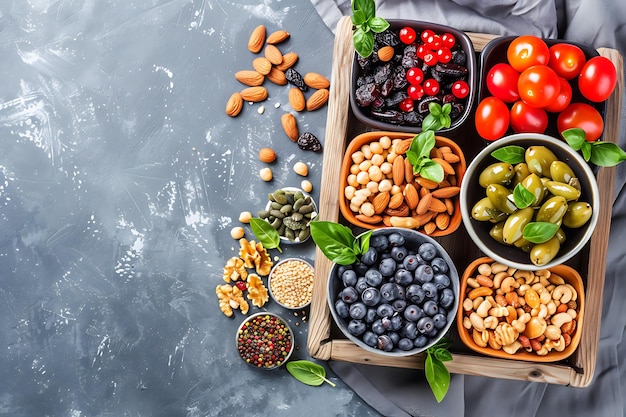 Plate with food near dry fruits