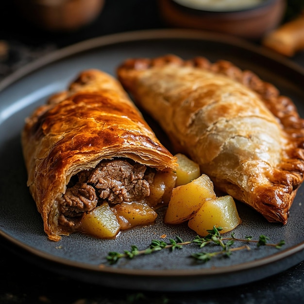 Photo a plate with food and a pie on it