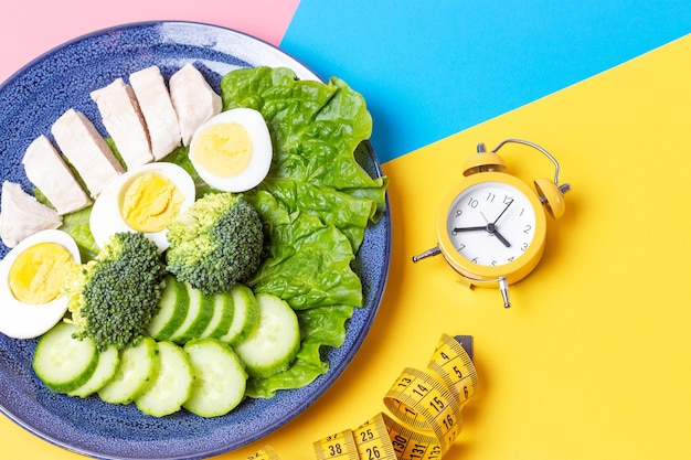 A plate with food on pink and blue background, a interval fasting concept