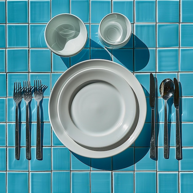 Photo a plate with a fork and a plate with a knife and spoons on it