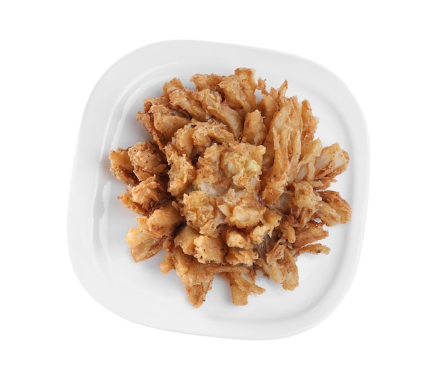 Plate with fried blooming onion isolated on white top view