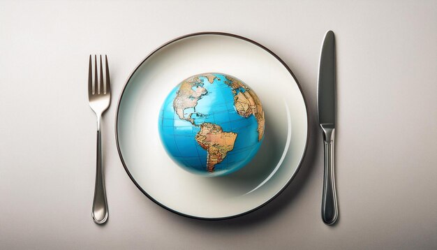 Photo a plate with a globe on it and a knife and fork