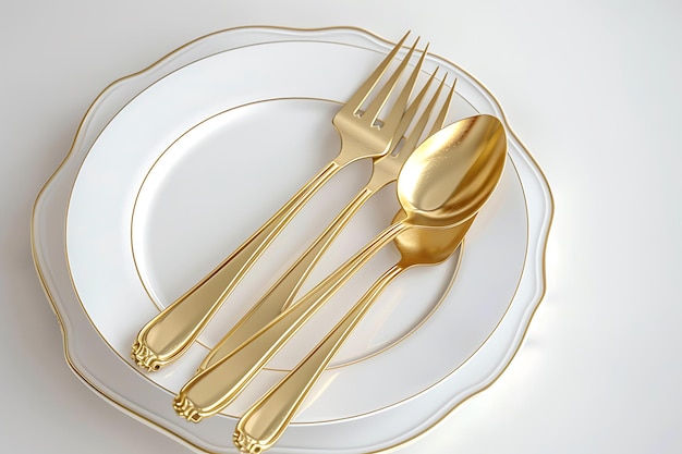 A plate with gold cutlery and silverware