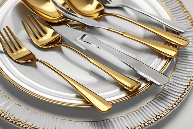 Photo a plate with gold cutlery and silverware