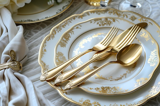 A plate with gold cutlery and silverware