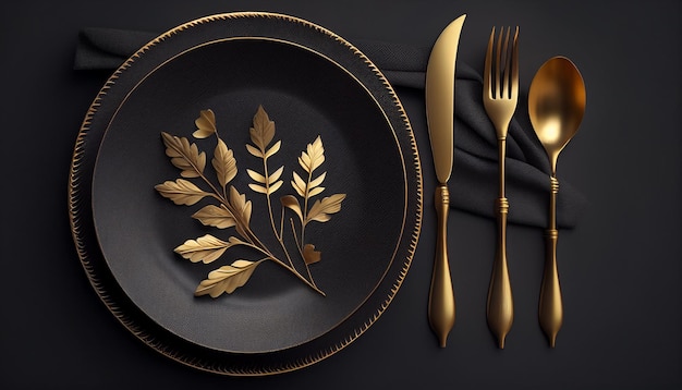 A plate with gold leaves and a knife next to it