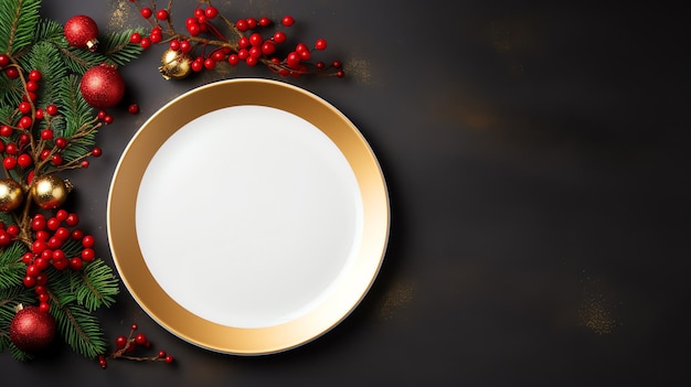 a plate with a gold rim and red berries on a black surface