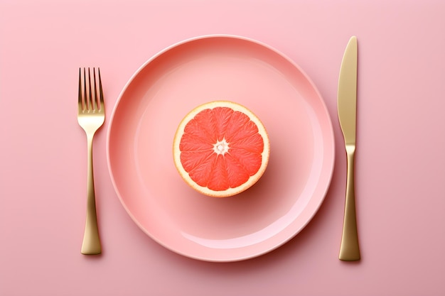 A plate with a grapefruit on it and a fork and knife on the table