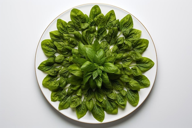 a plate with green leaves and a white plate with a white plate with a green leaf.