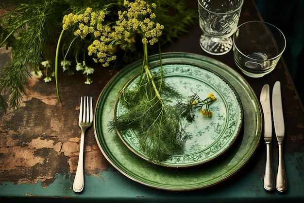 a plate with a green rim and a fork on it