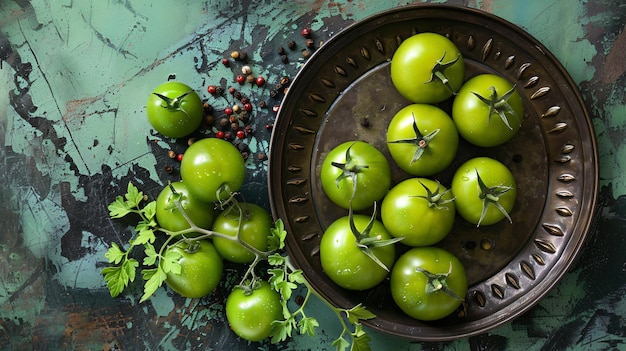 Plate with green tomatoes and spices on color background