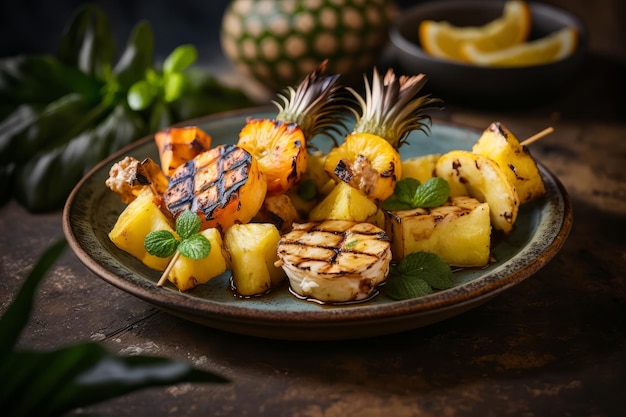 Plate with grilled pineapple fruit dessert Generative AI