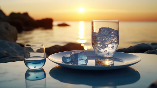 A plate with ice and a glass of water on it