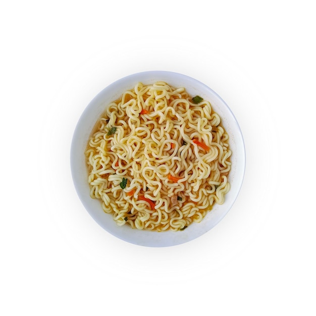 Plate with instant noodles isolated on white background. Top view.