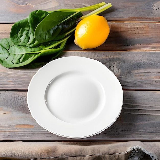 A plate with a leaf next to it and a lemon on a table.