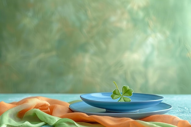 Photo a plate with a leaf on it sits on a blanket with a leaf clover on it