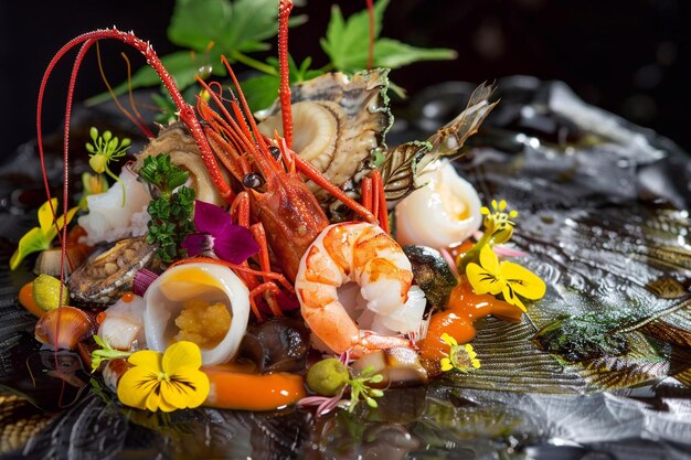 Photo plate with mix of exotic seafood products in modern luxury restaurantmacroai generative