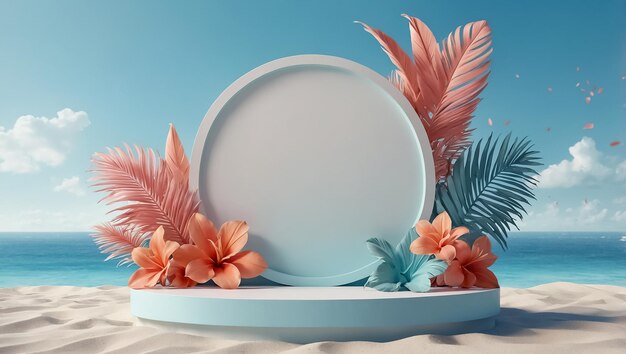 a plate with a palm leaf and a flower on it