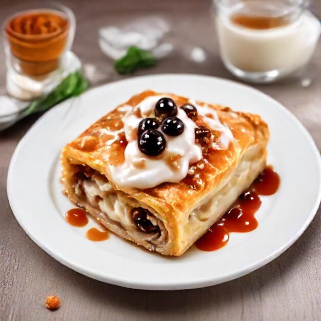 a plate with a pancake with a black olive on it