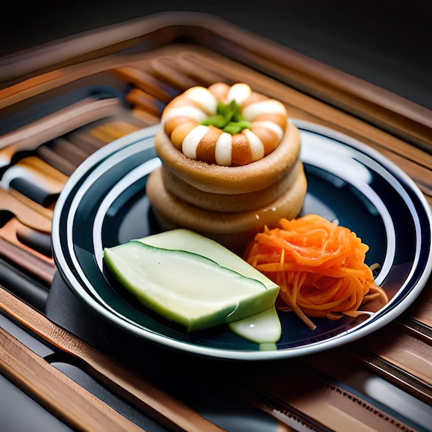 A plate with pancakes and cucumbers on it and a stack of pancakes on it.