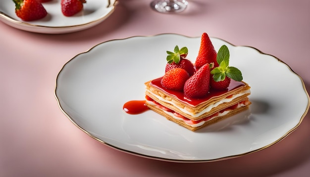 a plate with pancakes and strawberries on it with a glass of wine