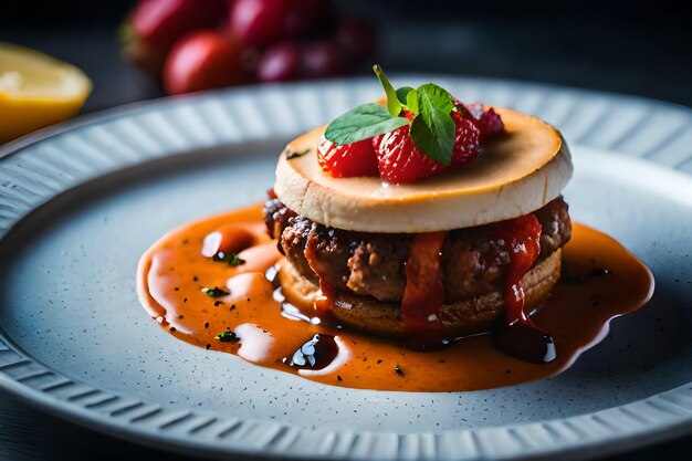 a plate with pancakes strawberries and syrup on it