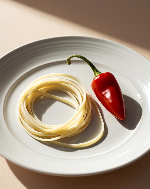 a plate with pasta and a red pepper on it