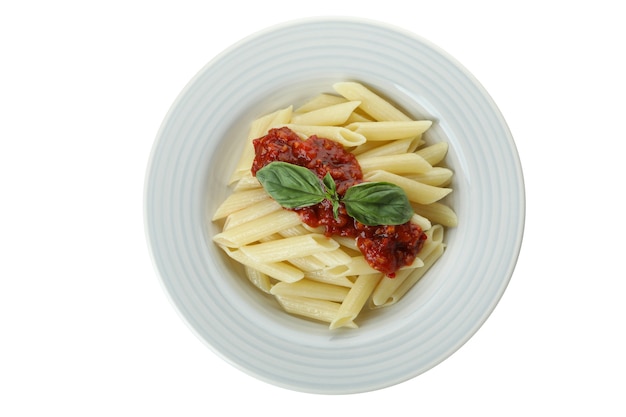 Plate with pasta with tomato sauce isolated on white isolated background