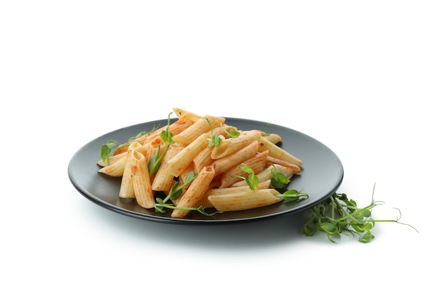 Plate with pasta with tomato sauce isolated on white isolated background